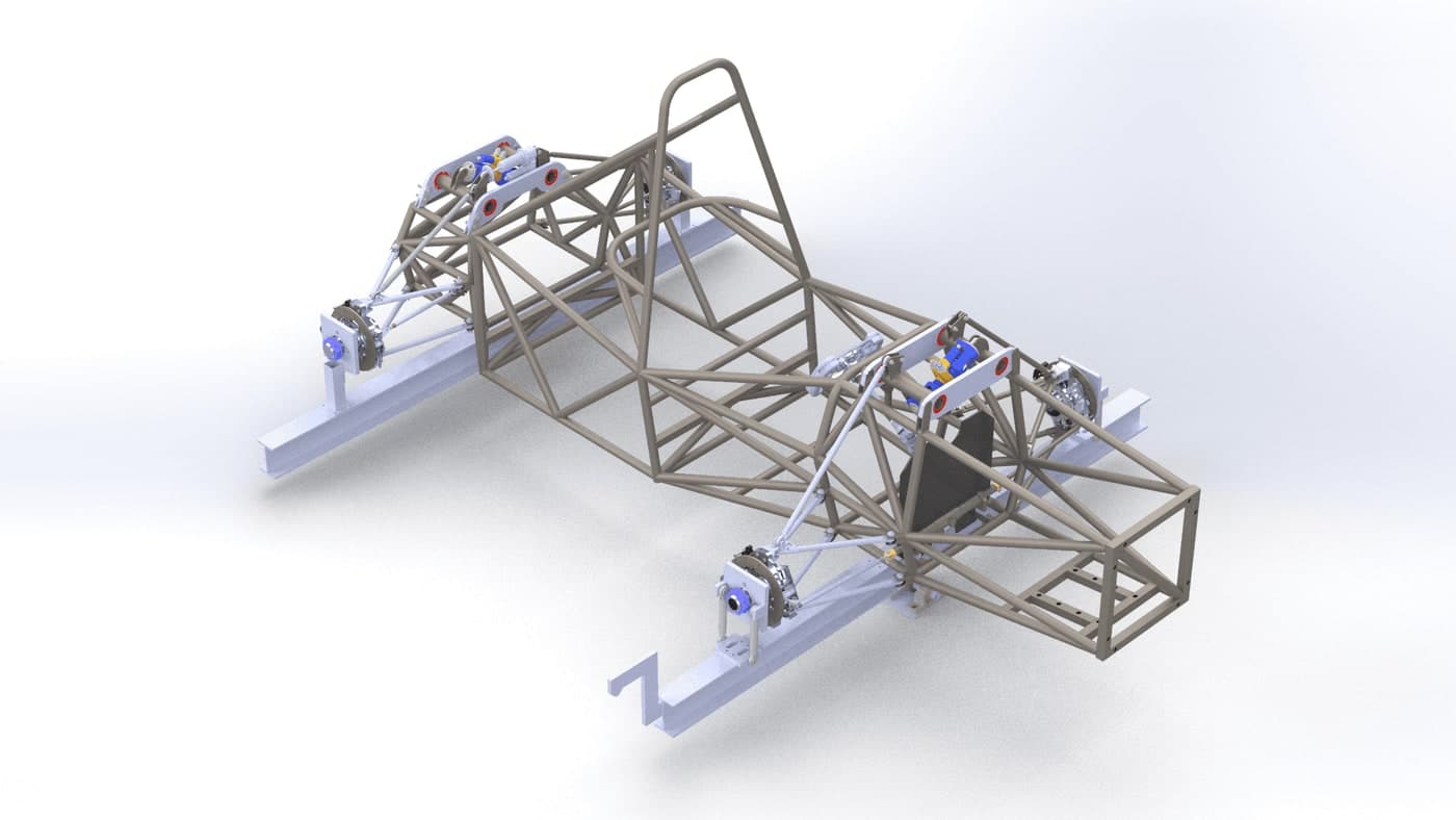 CAD render of the formula chassis mounted in the torsion test fixture, supported on blue rails at each corner.