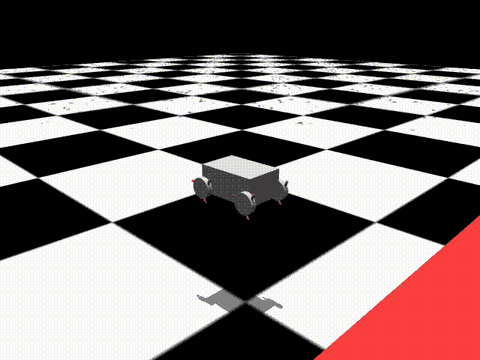 MuJoCo simulation of the transformable wheel robot driving along a red track across a checkerboard plane.